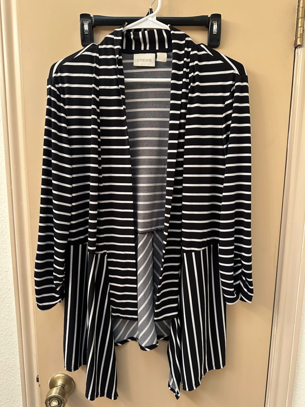 Chico's Black and White Striped Open Cardigan